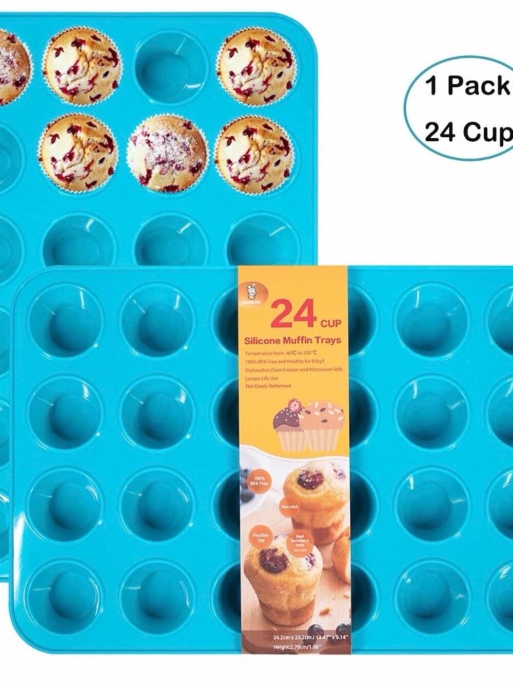 24-Cup Silicone Muffin Pan Nonstick Reusable Baking Tray Blue